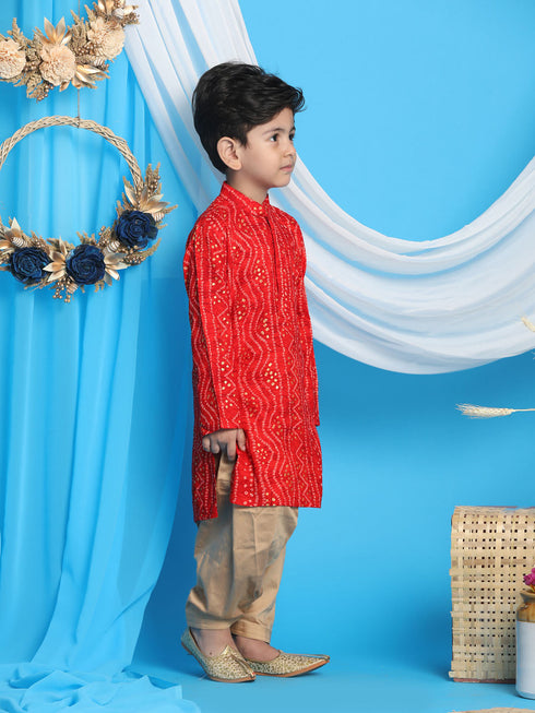 Boy's' Maroon Bandhni Print Kurta And Rose Gold Patiala Set
